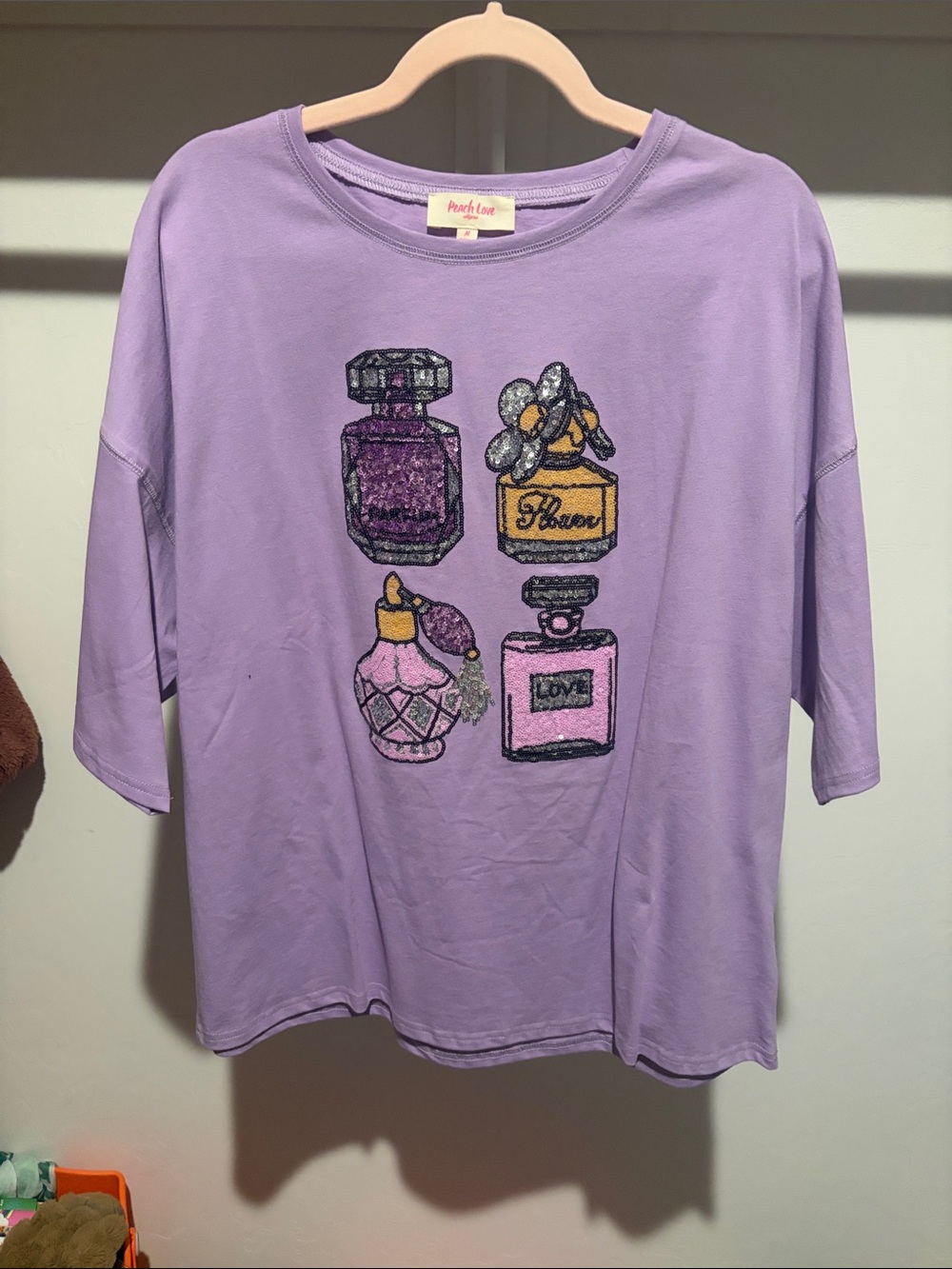 Peach Love California Lavender Graphic Tee with Perfume Bottle Appliqués